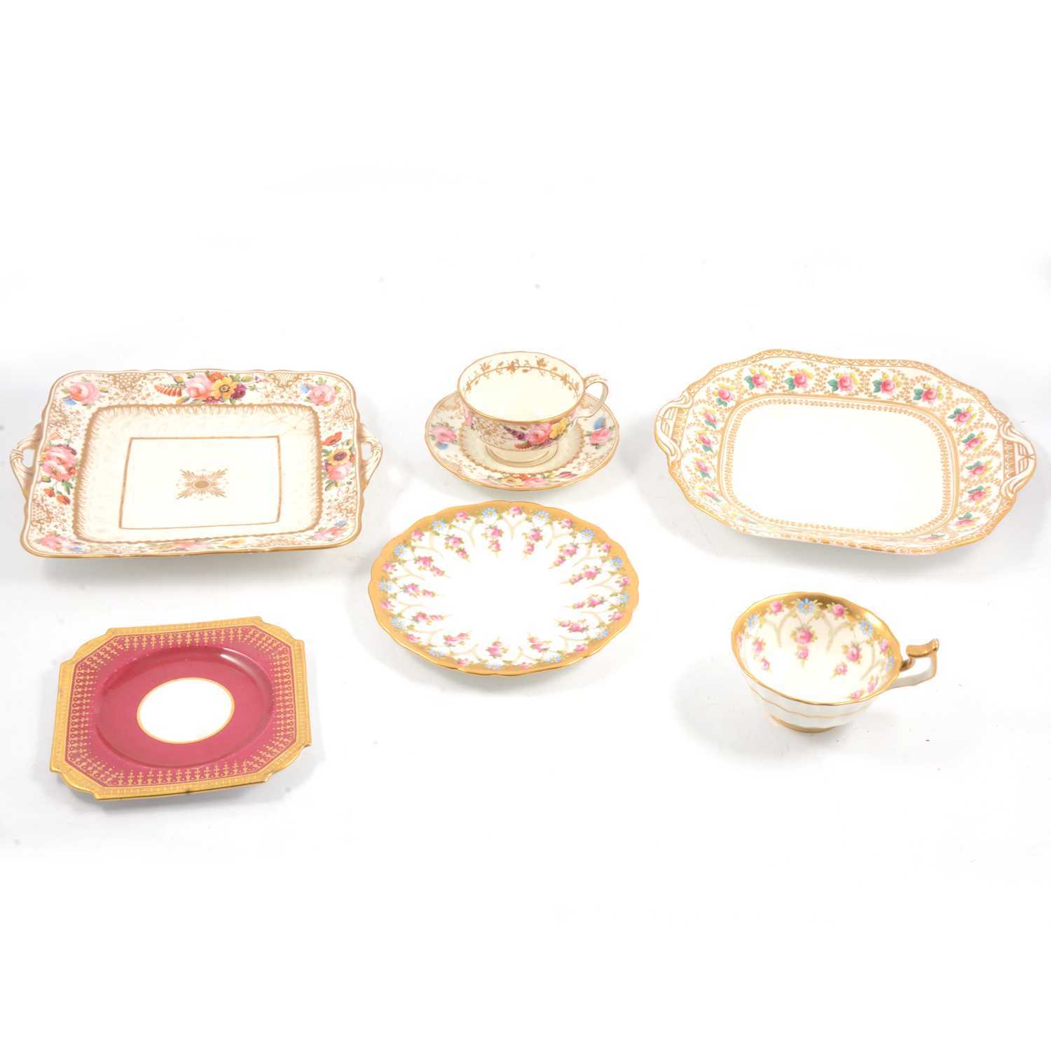 Lot 65 - Pair of T Goode & Co sandwich plates, Radford's floral trio, Belleek milk jug and other cabinet items.