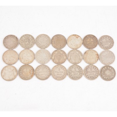 Lot 183 - Twenty-one French and Belgian silver 5 francs coins.