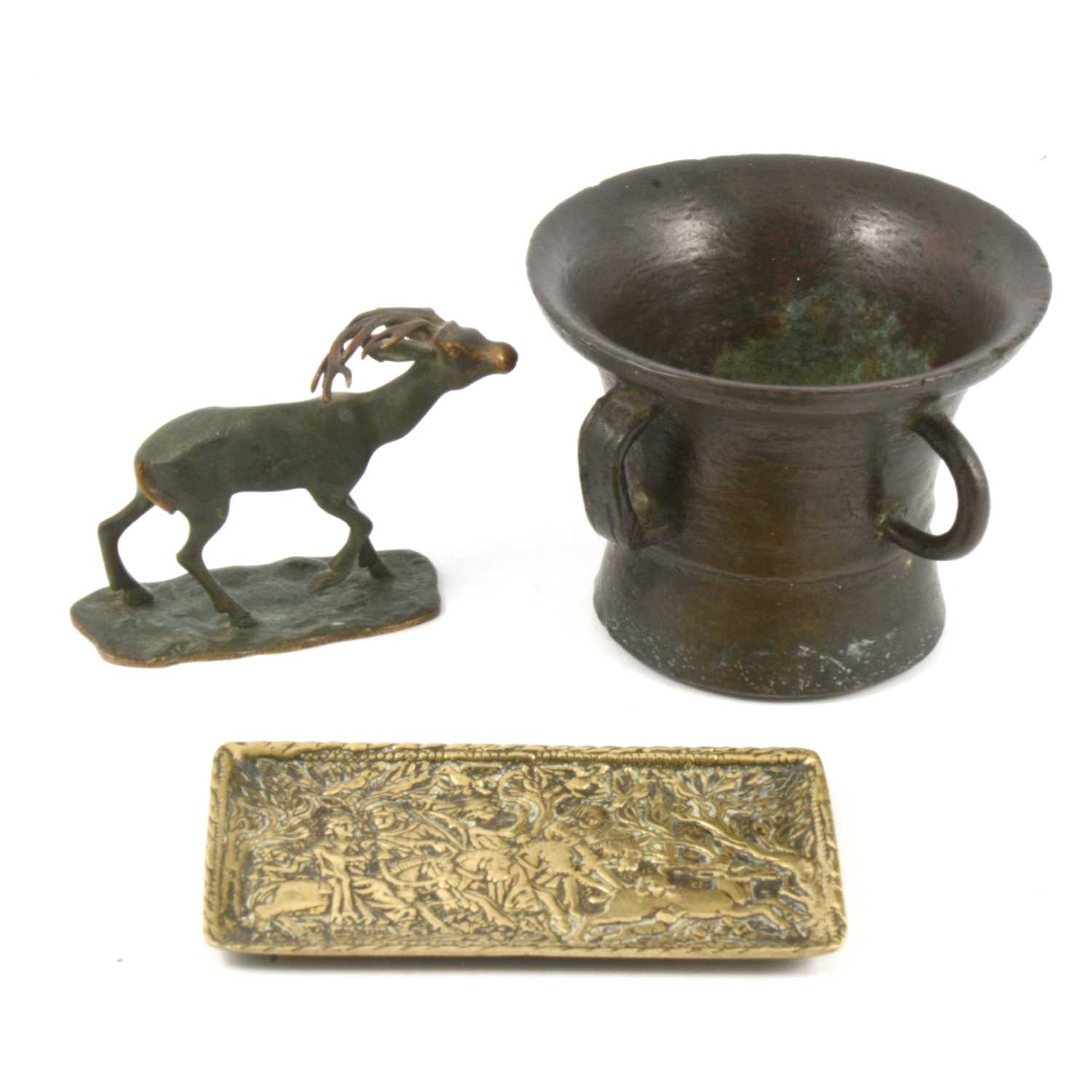 Lot 113 - A small bronze mortar and two other items of metalware
