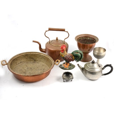 Lot 150 - One box of pewter and copper wares, to include a tray, four piece teaset, kettles etc.