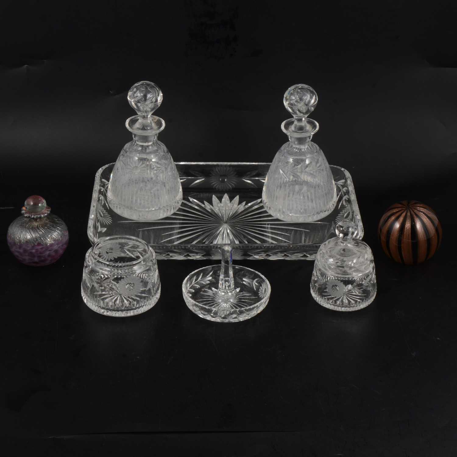 Lot 56 - Glass dressing table set, scent bottle and paperweight.