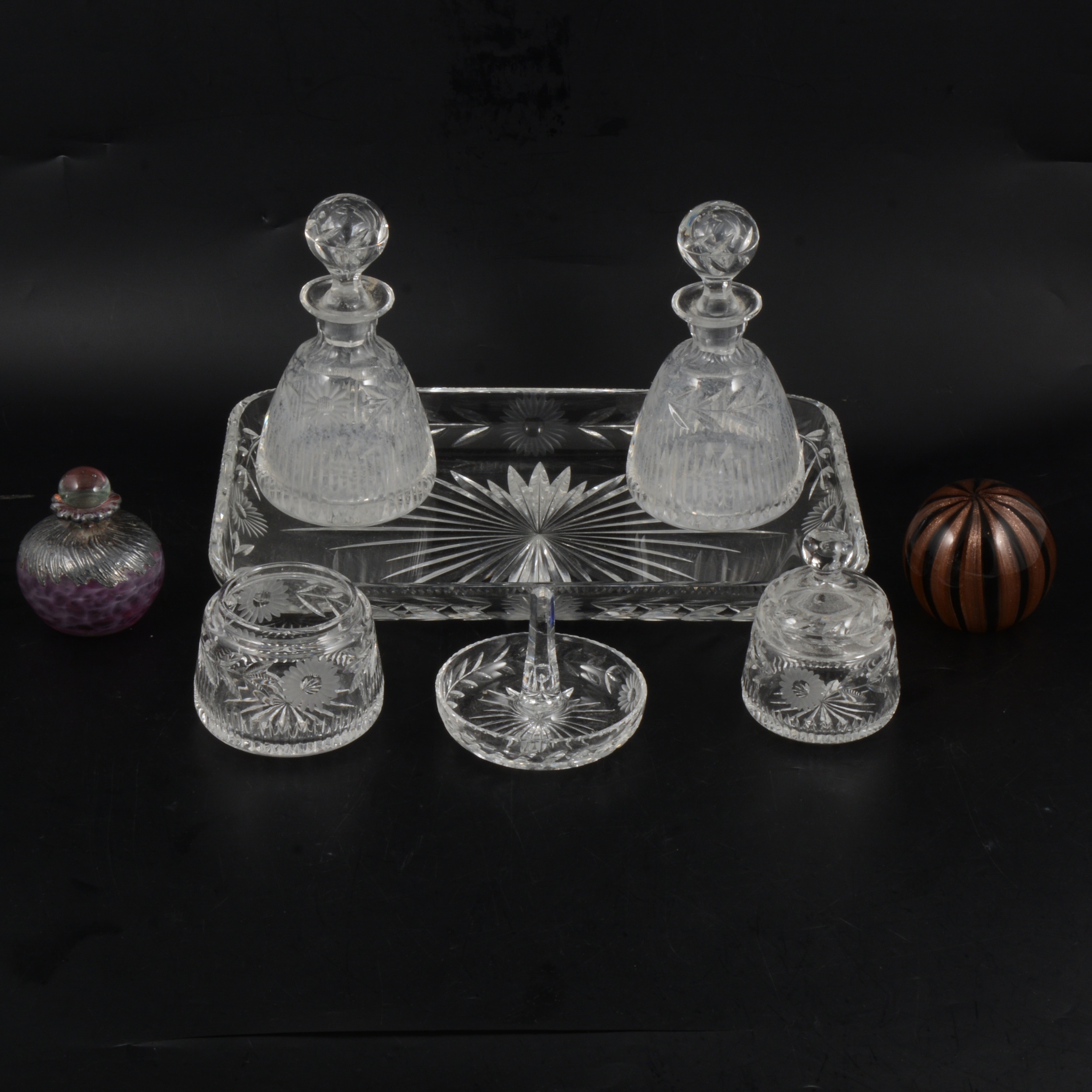 Lot 56 Glass dressing table set, scent bottle and