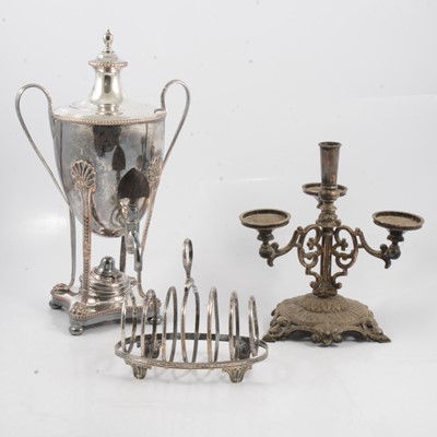 Lot 125 - Silver-plated samovar, toast rack and candlestick.