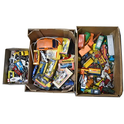 Lot 144 - Two boxes and a tray of die-cast models, mostly Corgi, Matchbox, Dinky and other makers