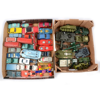 Lot 146 - Two trays of playworn die-cast models; mostly Dinky, Corgi and Spot-On