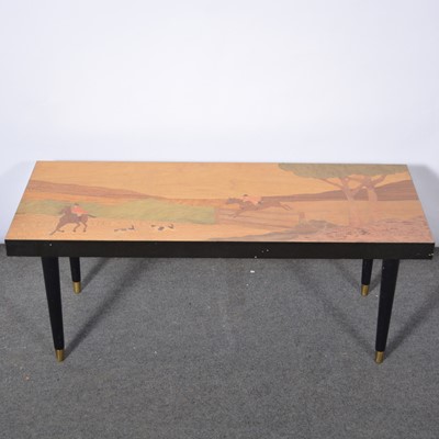 Lot 419 - Marquetry coffee table, the top decorated with a hunting scene