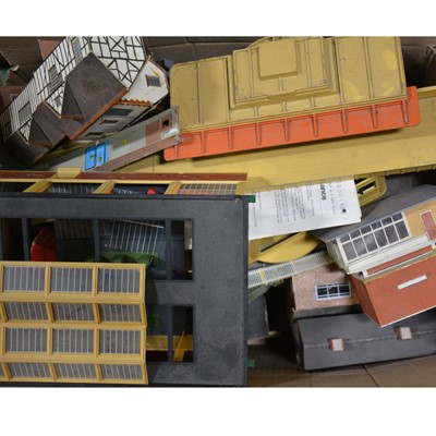 Lot 43 - Four boxes of mostly OO gauge track-side accessories, buildings, scenery and parts.