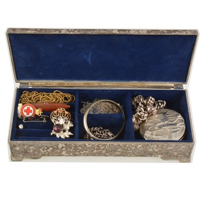 Lot 310 - A jewel box with silver and costume jewellery.