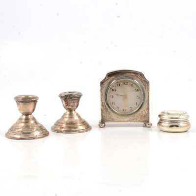 Lot 297 - Small silver-cased table clock, pedestal salts, dressing table set, and other small silver items.