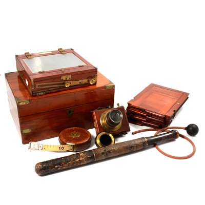 Lot 184 - Victorian walnut writing box, mahogany and brass plate camera, Regency truncheon and surveyor's tape..
