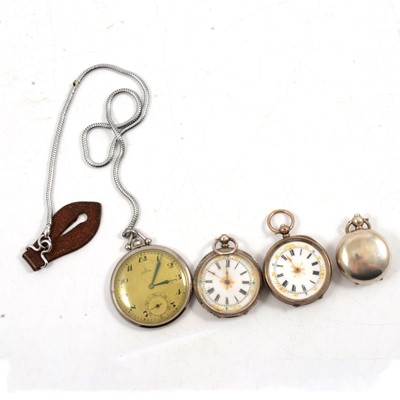 Lot 366 - An Omega open face pocket watch, two silver fob watches and a sovereign case.