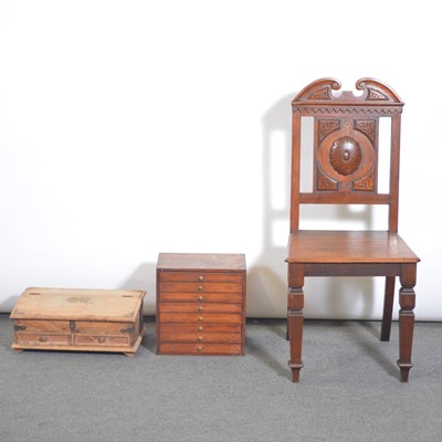 Lot 568 - Hall chair, collector cabinet with drawers and a pine table top box