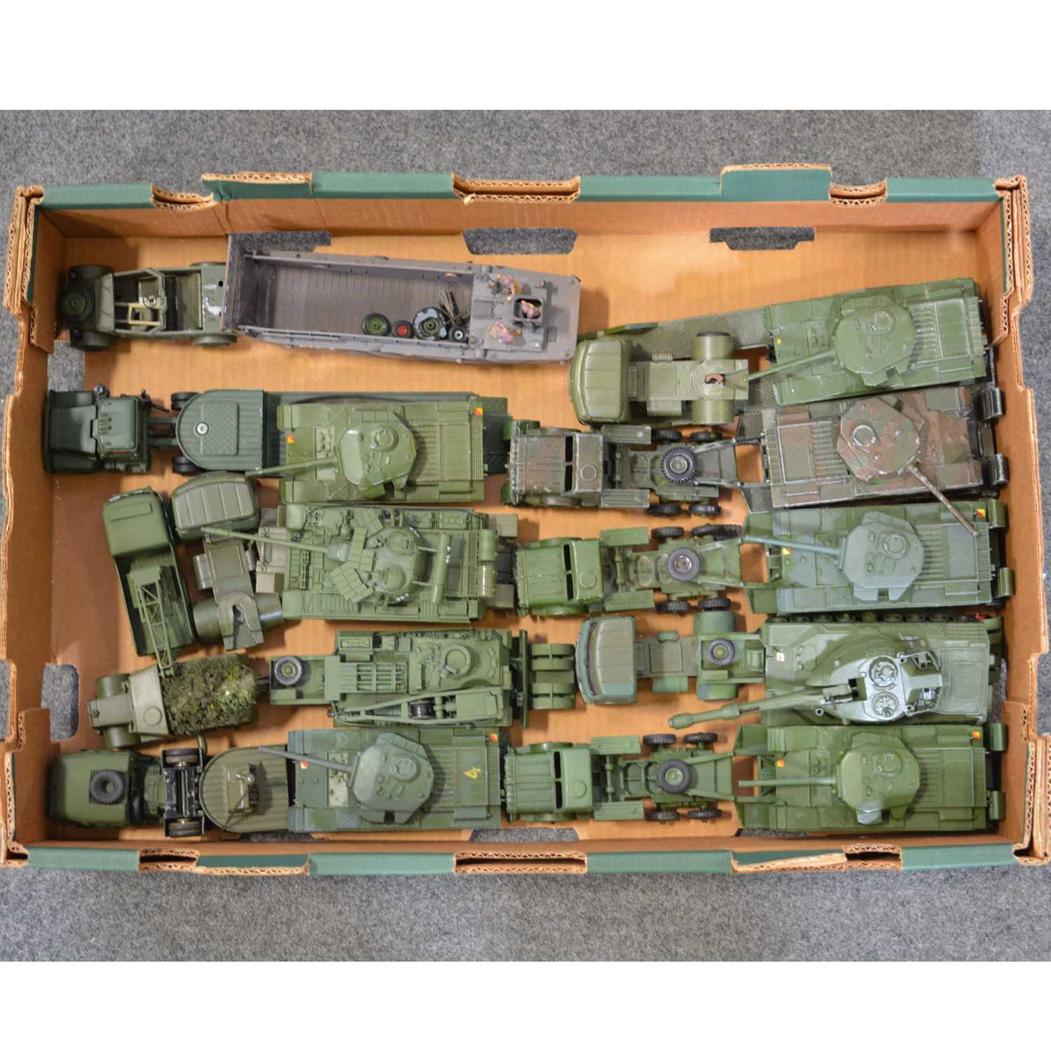 Lot 144 - One tray of loose model military vehicles; including Dinky Toys Mighty Antar tank transporters
