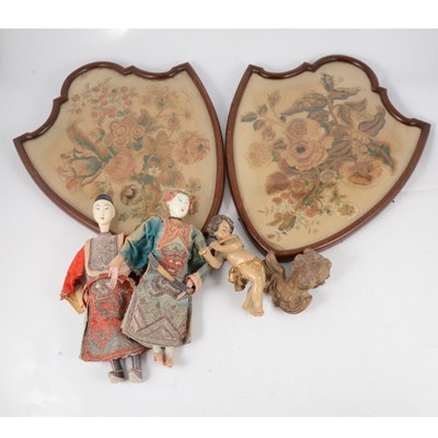 Lot 62 - Pair of shield shaped embroidered panels, etc.