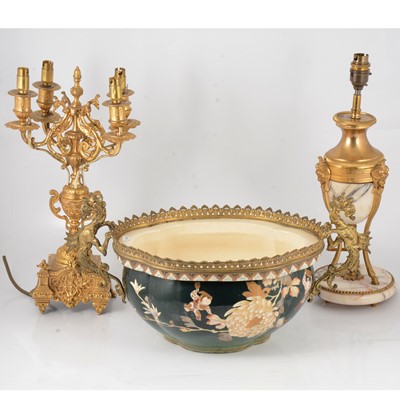 Lot 136 - Alabaster lamp, candelabra and a jardiniere
