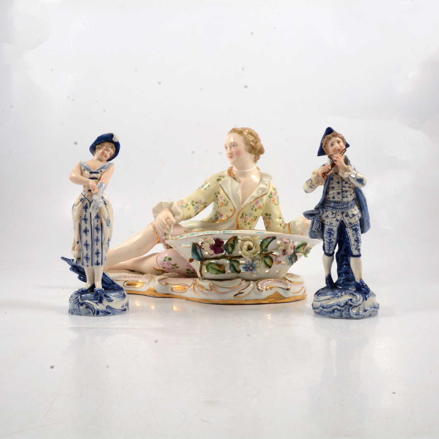 Lot 34 - Staffordshire figural dessert dish and a pair of Continental figures.