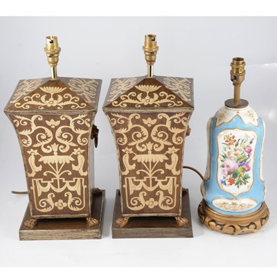 Lot 140 - Pair of modern toleware type table lamps and a French vase serving as a lamp base