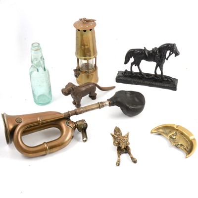 Lot 144 - A box of objects, including bottles, miners lamp, dog nut cracker, fox door knocker, etc.