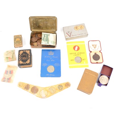 Lot 173 - 1914 Christmas tin, South Africa Christmas tin, WWII pair of medals, small quantity of coins