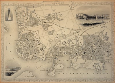 Lot 441 - Five antiquarian coloured engravings, Isle of Wight, Plymouth, Mount Edgcumbe, Cary map plus two.