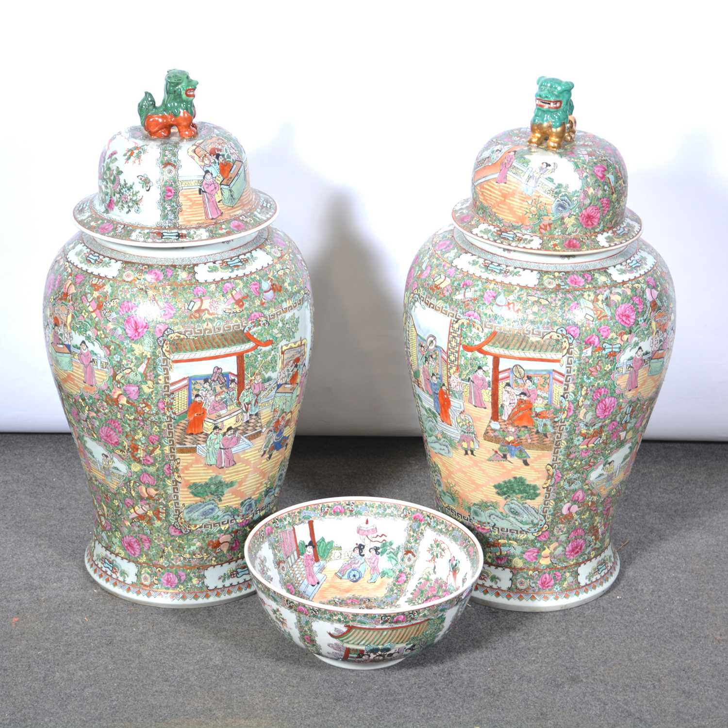 Lot 92 - Pair of large Chinese polychrome temple vases and a similar bowl