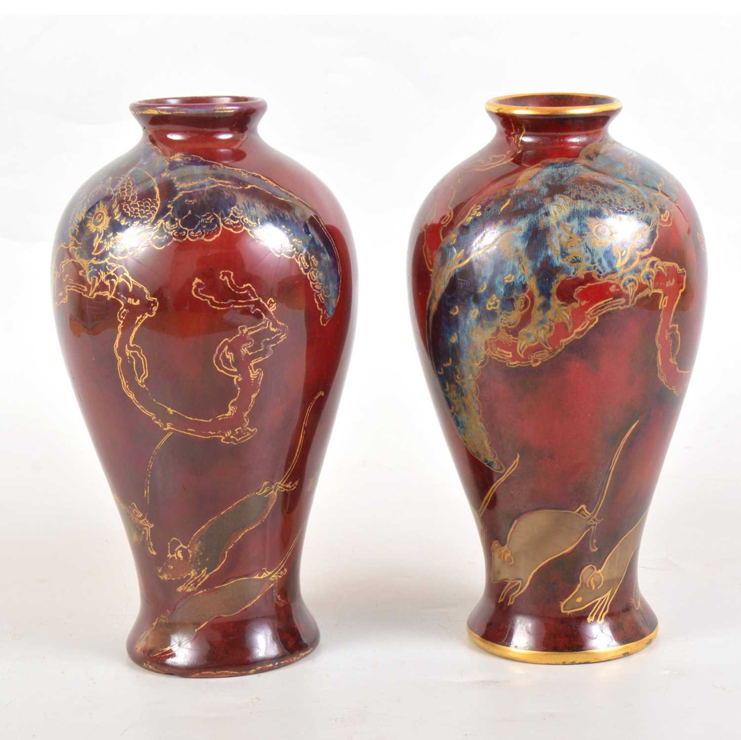 Lot 76 - Pair of Bernard Moore flambe vases, owl and mice design