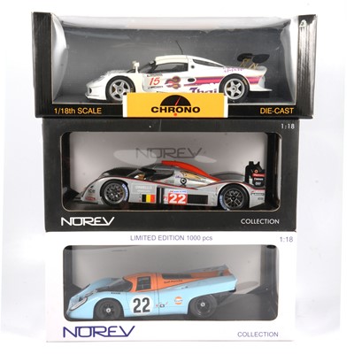 Lot 184 - Three 1:18 scale models racing cars; including Norev Porsche 917K