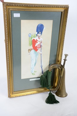 Lot 303 - Display case of replica Cap Badges of The Regiments & Corps of The British Army 1983, 1973 bugle.