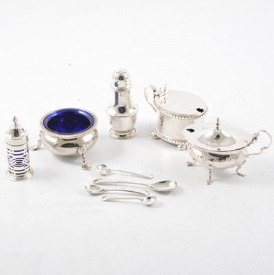 Lot 172 - Silver mustards, pepper pot, mustard and salt spoons, and plated wares.
