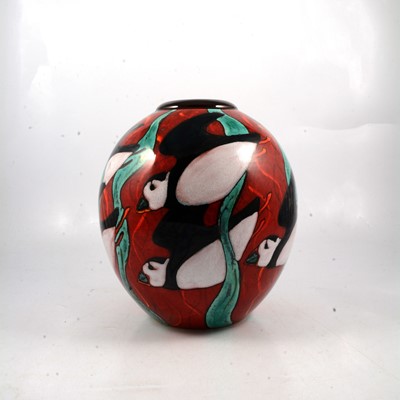 Lot 38 - Poole Pottery 'Puffins' vase, signed by N Massarella.