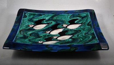 Lot 85 - Poole Pottery 'Puffins' rectangular platter, signed by N Massarella.