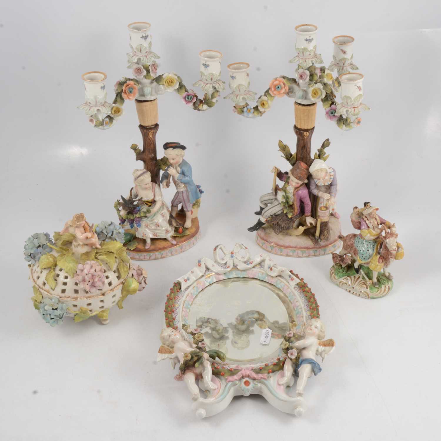 Lot 50 - Pair of Continental porcelain figural candelabra, porcelain framed mirror, etc