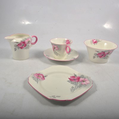 Lot 79 - Shelley bone china part tea service, Art Deco shape with pink and grey rose pattern
