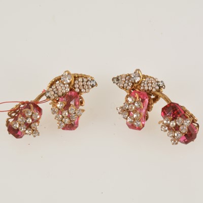 Lot 304 - Miriam Haskell - a pair of signed pink crystal and faux seed pearl earclips.