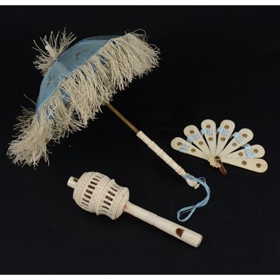 Lot 315 - Three bone Victorian doll accessories; including parasol finished with blue silk