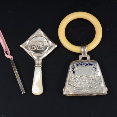 Lot 327 - Two silver baby rattles and a propelling pencil.