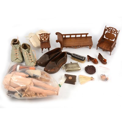 Lot 333 - Dolls and Dolls house accessories; including pair of Victorian child's shoes
