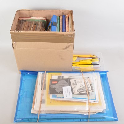 Lot 444 - Box containing Early engine and Modelling reference books, Hand Saw set, Knives, and Aircraft plans.