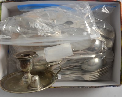 Lot 143 - Collection of plated flatware, silver handled knives and other xylonite knives.