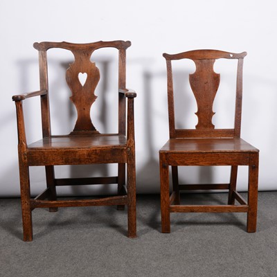 Lot 528 - Set of six country made oak dining chairs