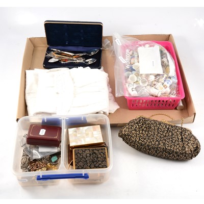 Lot 187 - Vintage collectables, jewellery, christening gown, prints, vesta cases, flatware, thimbles etc