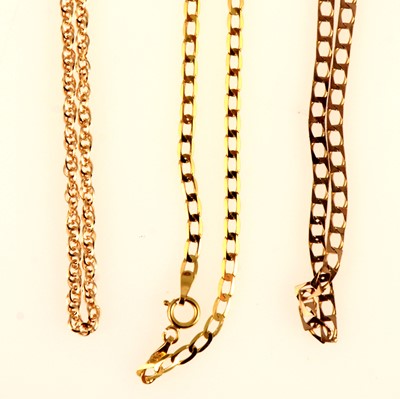 Lot 255 - Three modern 9 carat yellow gold neck chains.