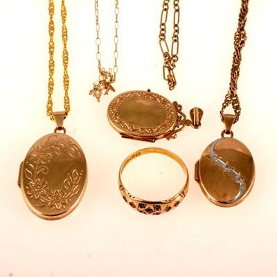 Lot 258 - Three lockets, five neckchains and a 15 carat gold ring.