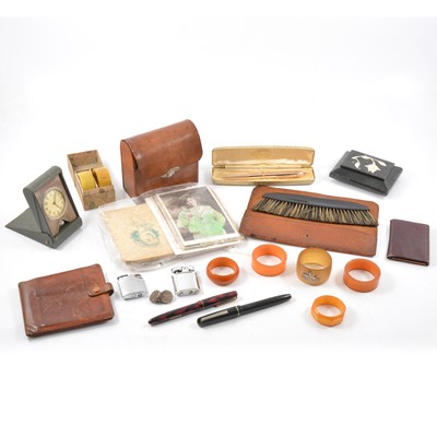 Lot 14 - Gentleman's leather travel vanity case, travel clock, lighters, fountain pens etc.