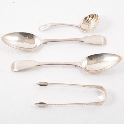 Lot 171 - Two Georgian silver table spoons, Georgian silver sugar tongs and a silver jam spoon.