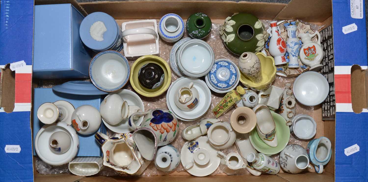 Lot 67 - Collection of crested china, miniature replica series of Asian ceramics, Wedgwood, etc