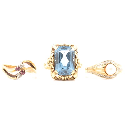 Lot 53 - Three gemset dress ring, synthetic blue spinel, pearl, ruby and diamond.