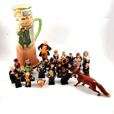 Lot 19 - A full set of twenty-four Royal Doulton Dickens figures, a Beswick large fox and Series ware jug.