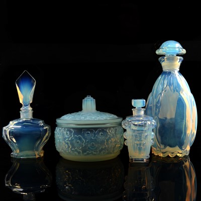 Lot 27 - Sabino opalescent glass powder pot with lid, and three scent bottles.