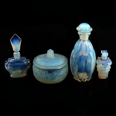 Lot 27 - Sabino opalescent glass powder pot with lid, and three scent bottles.